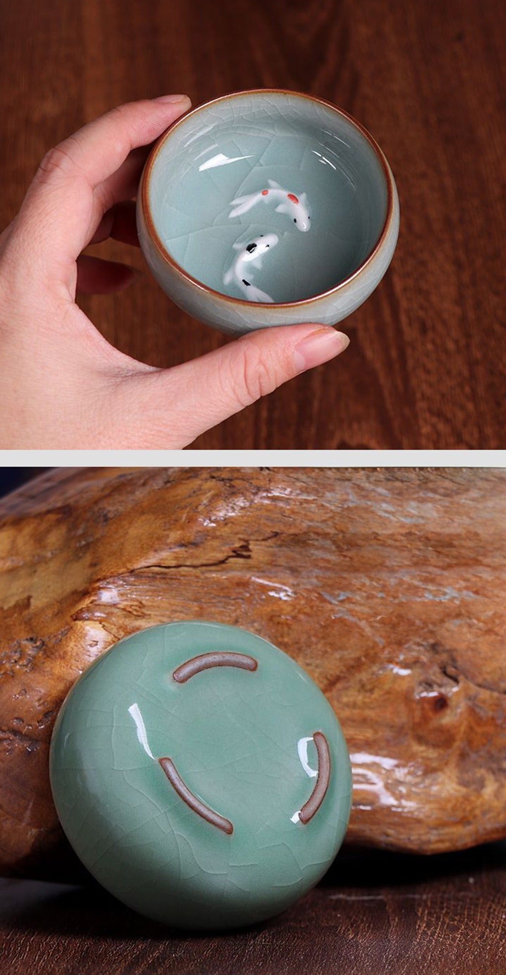 Twin Koi Celadon Crackle Teacup