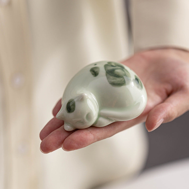Mini Lucky Cute Spotted Standing Cat Sleeping Kitten Ceramic Figurine Decoration