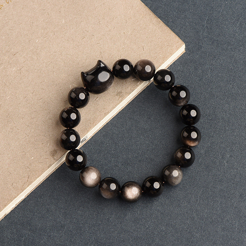 Black Cat Obsidian Bracelet – Silver Sheen Beads with Cute Feline Charm | Zen Ara Grove