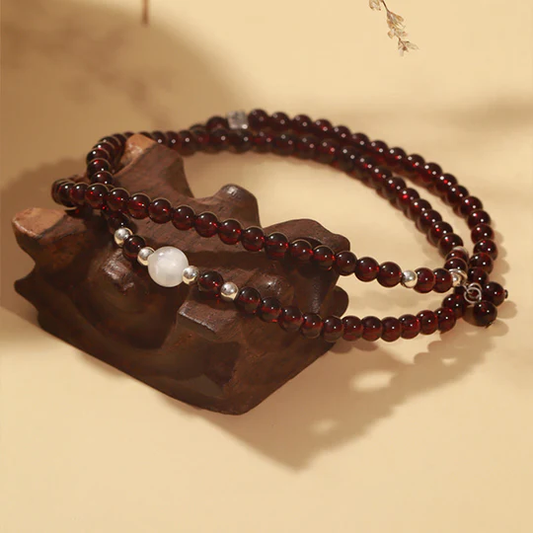 925 Sterling Silver Natural Garnet Cat Eye Protection Triple Wrap Bracelet | Zen Ara Grove