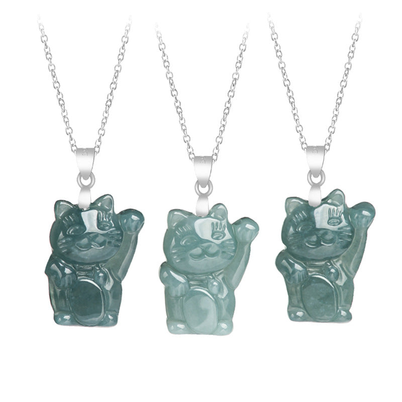 925 Sterling Silver Natural Jade Lucky Cat Abundance Necklace Pendant  | Zen Ara Grove