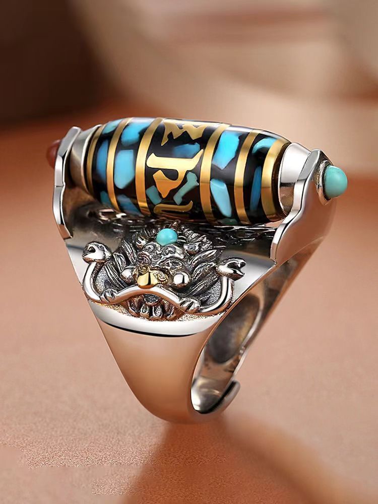 Spinning Mantra Ring - Rotating Prayer Bead with Turquoise & Guardian Beast