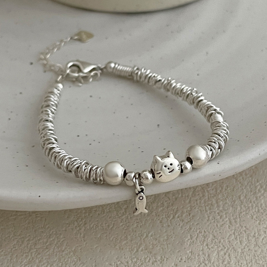 Sterling Silver Fortune Cat Bracelet – Lucky Fish & Elegant Charm in S925 | Zen Ara Grove