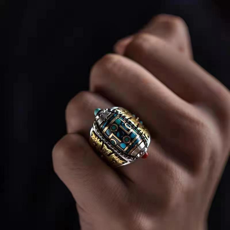 Spinning Mantra Ring - Rotating Prayer Bead with Turquoise & Guardian Beast
