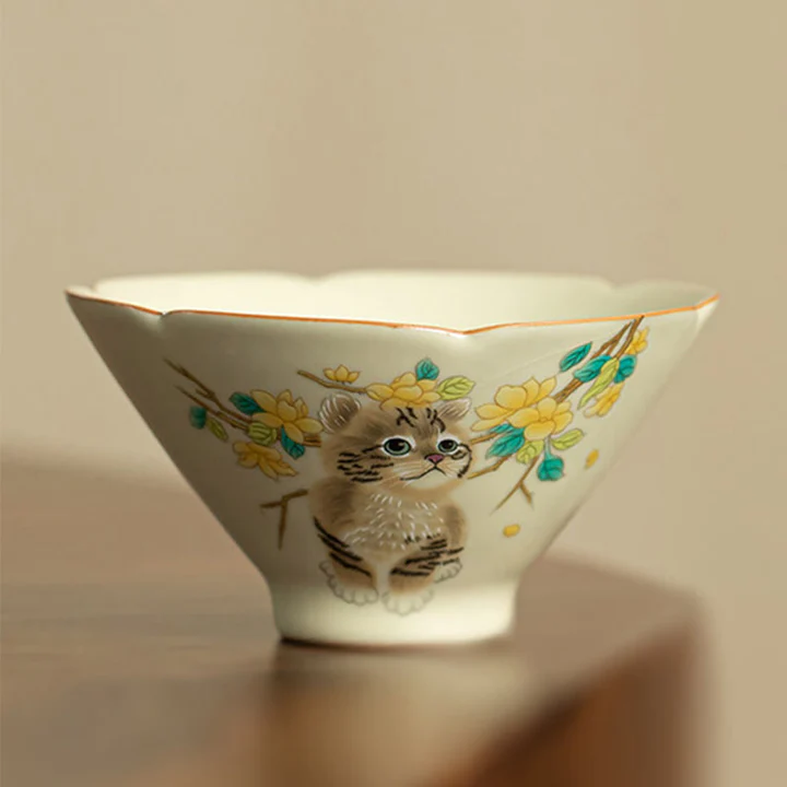 Cute Cat Yellow Flowers Rabbit Teacup Kung Fu Tea Cup  | Zen Ara Grove