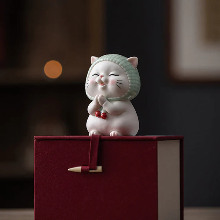 Lucky Cute Cat In Scarf Ceramic Figurine Decoration  | Zen Ara Grove