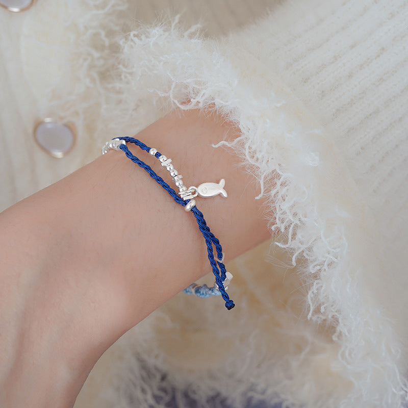 Playful Kitty Head with Fish Motif Woven Bracelet – Adjustable Cord Jewelry | Zen Ara Grove