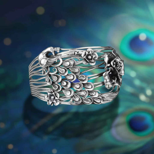 Peacock Hollow Engraved Silver-Plated Cuff Bracelet | Zen Ara Grove