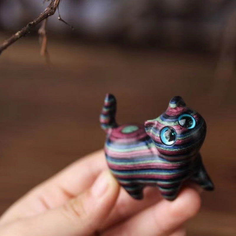 Colored Sandalwood Carved Tilt Head Cat Healing Decoration  | Zen Ara Grove