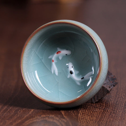 Twin Koi Celadon Crackle Teacup | Zen Ara Grove