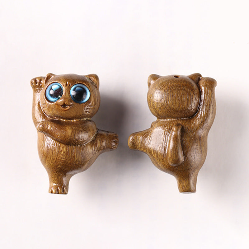 Mini Green Sandalwood Dancing Cat Engraved Positive Desk Decorations | Zen Ara Grove
