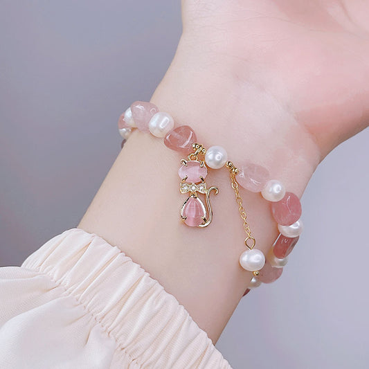 Natural Strawberry Quartz Pearl Cat Positive Bracelet | Zen Ara Grove