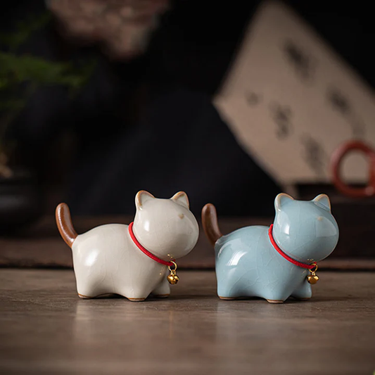 Mini Lucky Cute Standing Cat Red Rope Bell Ceramic Figurine Decoration | Zen Ara Grove