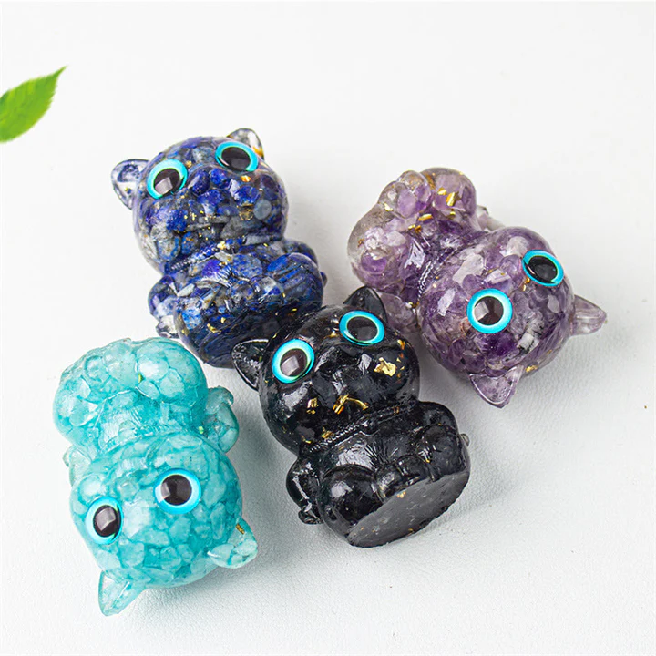Cute Cat Lazurite Amethyst Black Obsidian Aquamarine Crystal Resin Positive Home Decoration | Zen Ara Grove