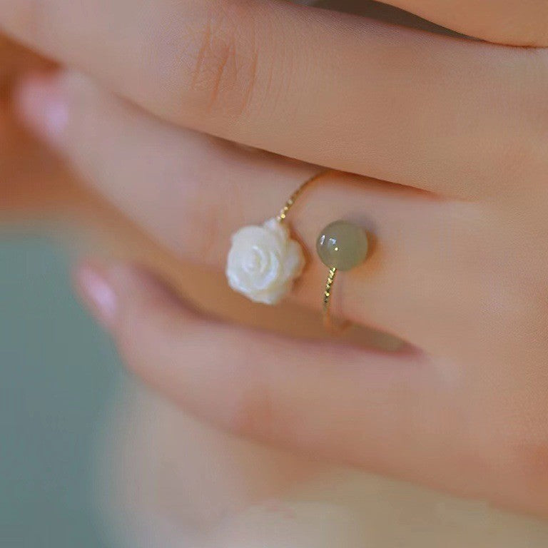 Natural Hetian Jade Blossom Ring – Zen-Inspired Elegance  | Zen Ara Grove