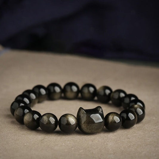 Black Obsidian and Sheen Beads Bracelet Featuring Adorable Cat Head Charm | Zen Ara Grove