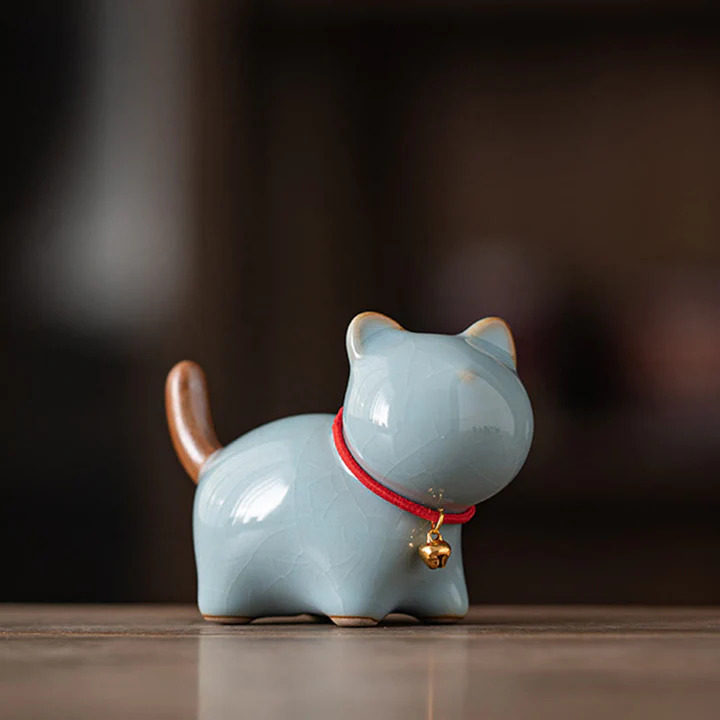 Mini Lucky Cute Standing Cat Red Rope Bell Ceramic Figurine Decoration | Zen Ara Grove