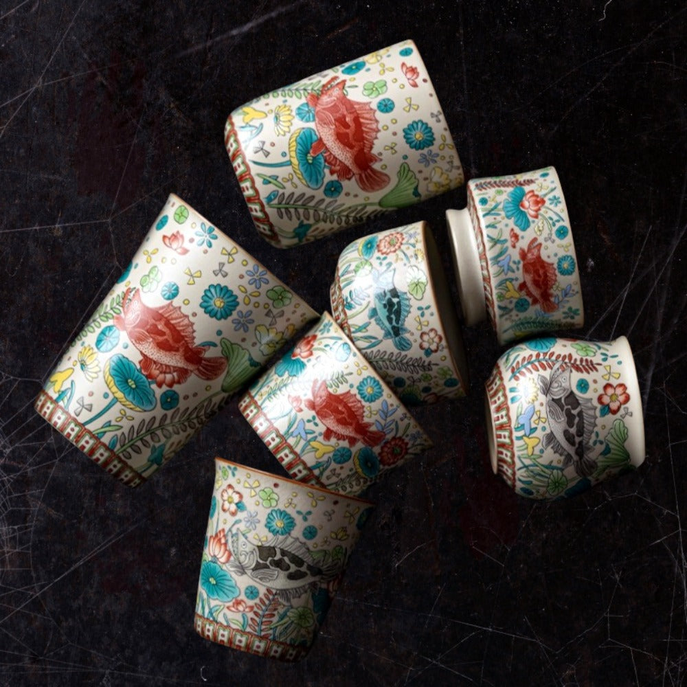Vintage Fish & Algae Pattern Gongfu Teacup | Zen Ara Grove