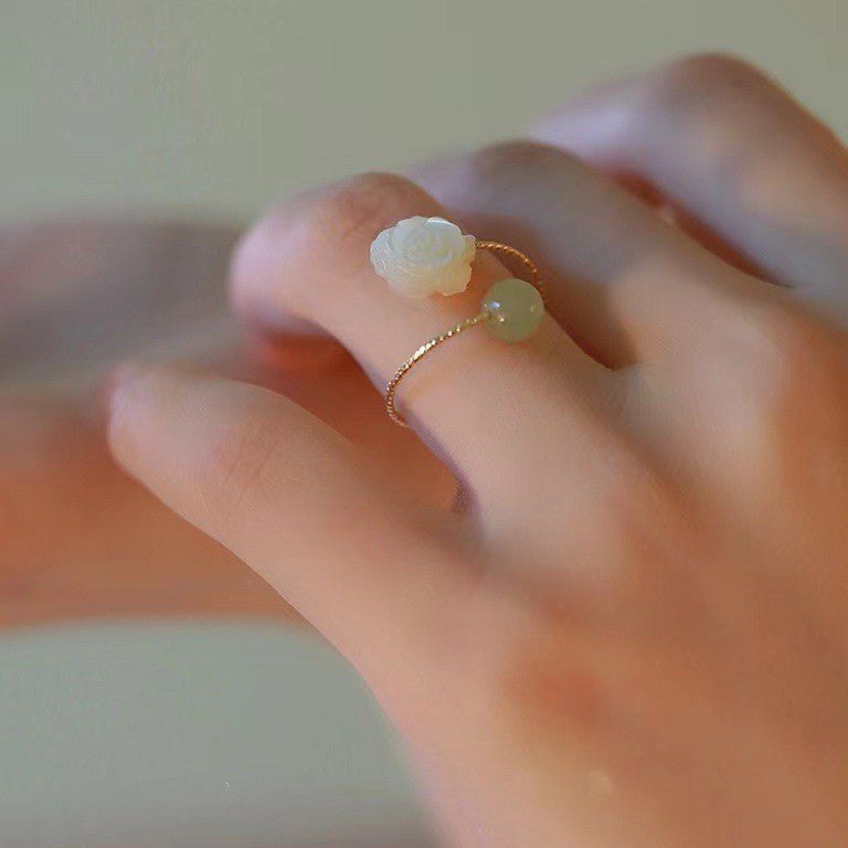 Natural Hetian Jade Blossom Ring – Zen-Inspired Elegance  | Zen Ara Grove