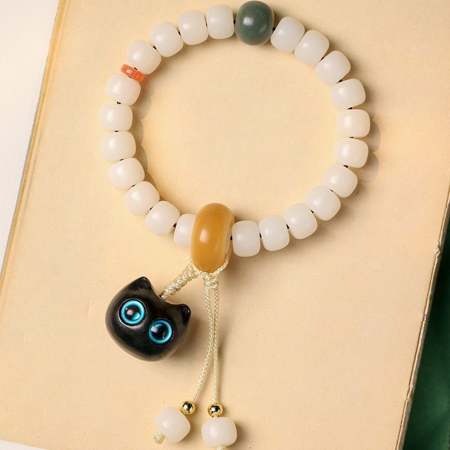 Natural Bodhi Seed African Blackwood Lovely Cat Charm Peace Harmony Bracelet | Zen Ara Grove