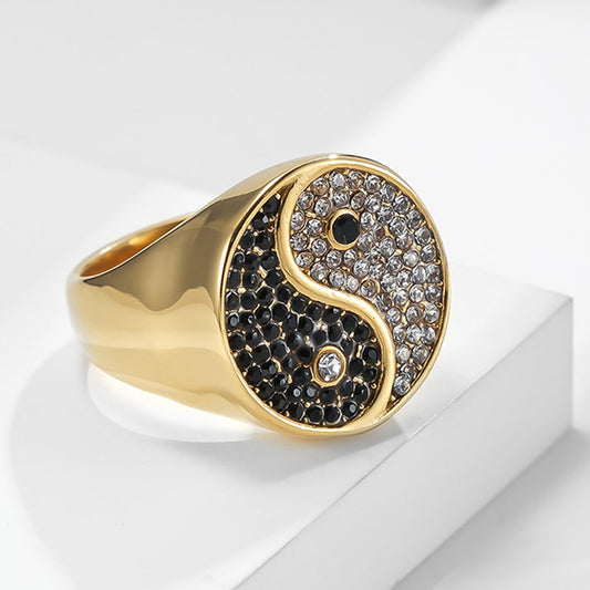 Yin-Yang Titanium Steel Ring – Black & White CZ, Symbol of Balance | Zen Ara Grove