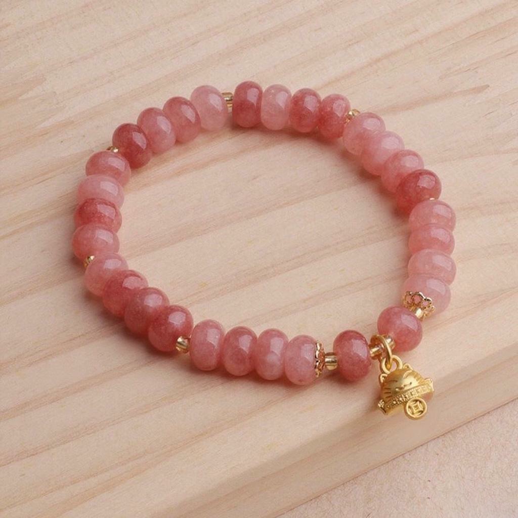 Strawberry Quartz Cyan Jade Lucky Cat Beads Healing Bracelet | Zen Ara Grove