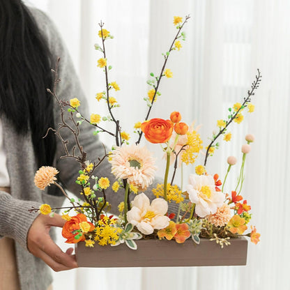 Handmade Silk Blossom Décor with Wooden Planter – Serenity in Bloom | Zen Ara Grove