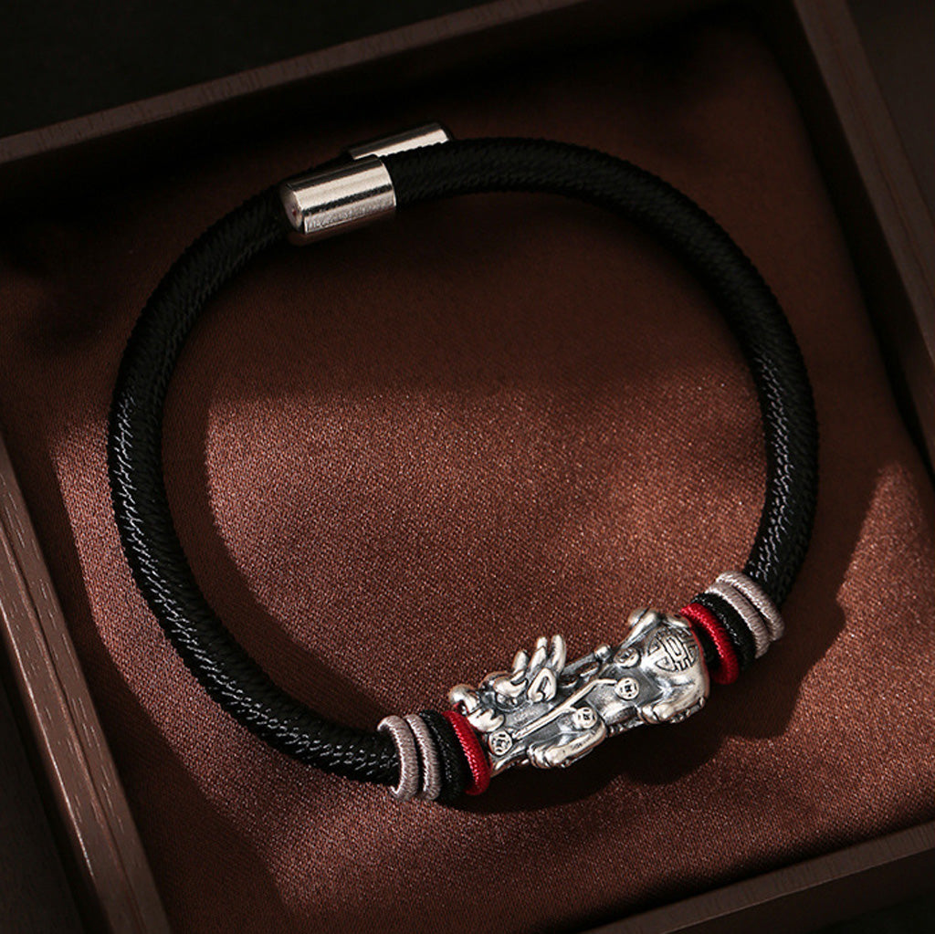 999 Silver Pixiu on Dragon Knot Handwoven Bracelet — Meaning of Courage & Wealth | Zen Ara Grove
