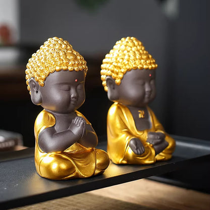 Mini Zen Buddha Statue – Handcrafted Purple Clay Ceramic with Golden Touch of Serenity | Zen Ara Grove