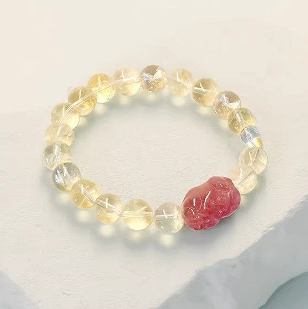 Hand‑Carved Strawberry Quartz Pixiu with Citrine Beads — Meaning of Wealth & Positive Flow | Zen Ara Grove
