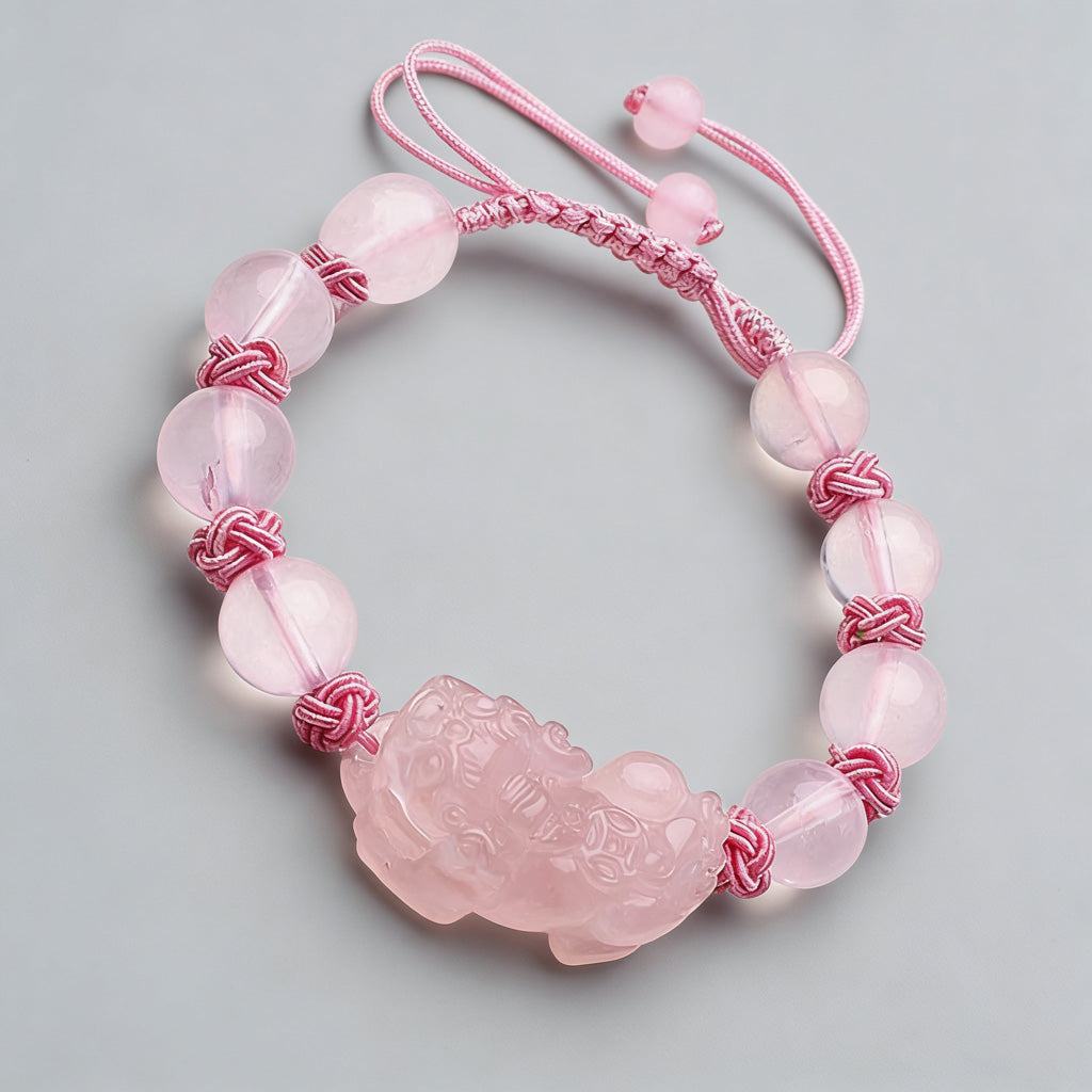 Hand‑Carved Rose Quartz Coin Pixiu Adjustable Bracelet — Meaning of Prosperity & Harmony | Zen Ara Grove