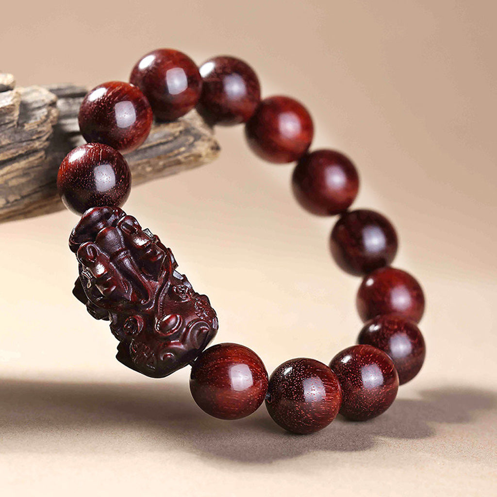 Handcrafted Red Sandalwood Pixiu Beaded Bracelet – Prosperity & Longevity | Zen Ara Grove