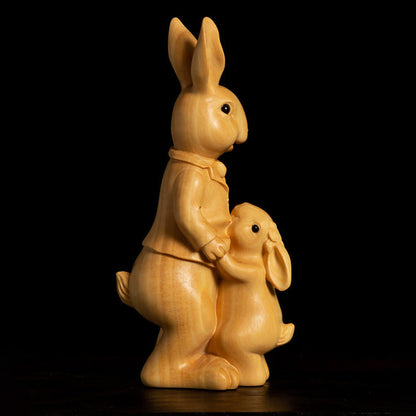 Boxwood Family Bunny Wood Sculpture – Symbol of Love & Blessing | Zen Ara Grove