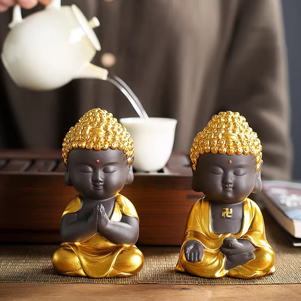 Mini Zen Buddha Statue – Handcrafted Purple Clay Ceramic with Golden Touch of Serenity | Zen Ara Grove