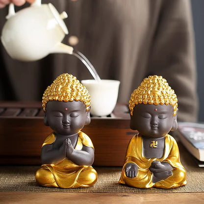 Mini Zen Buddha Statue – Handcrafted Purple Clay Ceramic with Golden Touch of Serenity | Zen Ara Grove