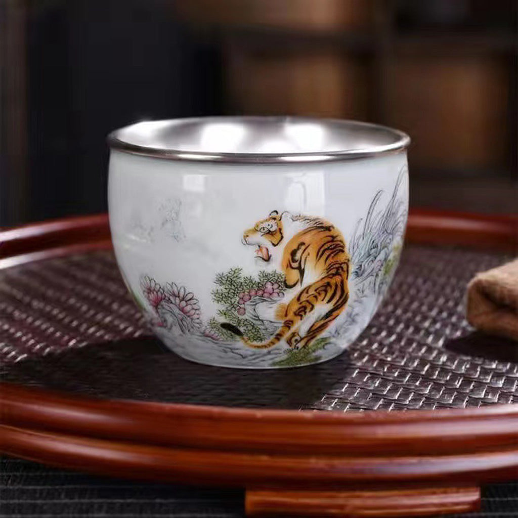 999 Silver Hammered Teacup – Dragon & Phoenix Design – Handcrafted Symbol of Strength and Harmony | Zen Ara Grove
