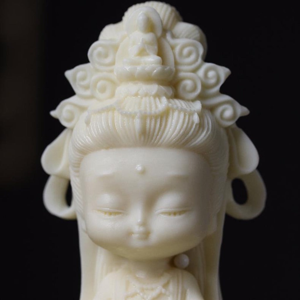 Hand-Carved Tagua Guanyin Statue with Lotus Base – Symbol of Compassion, Blessings & Peace | Zen Ara Grove