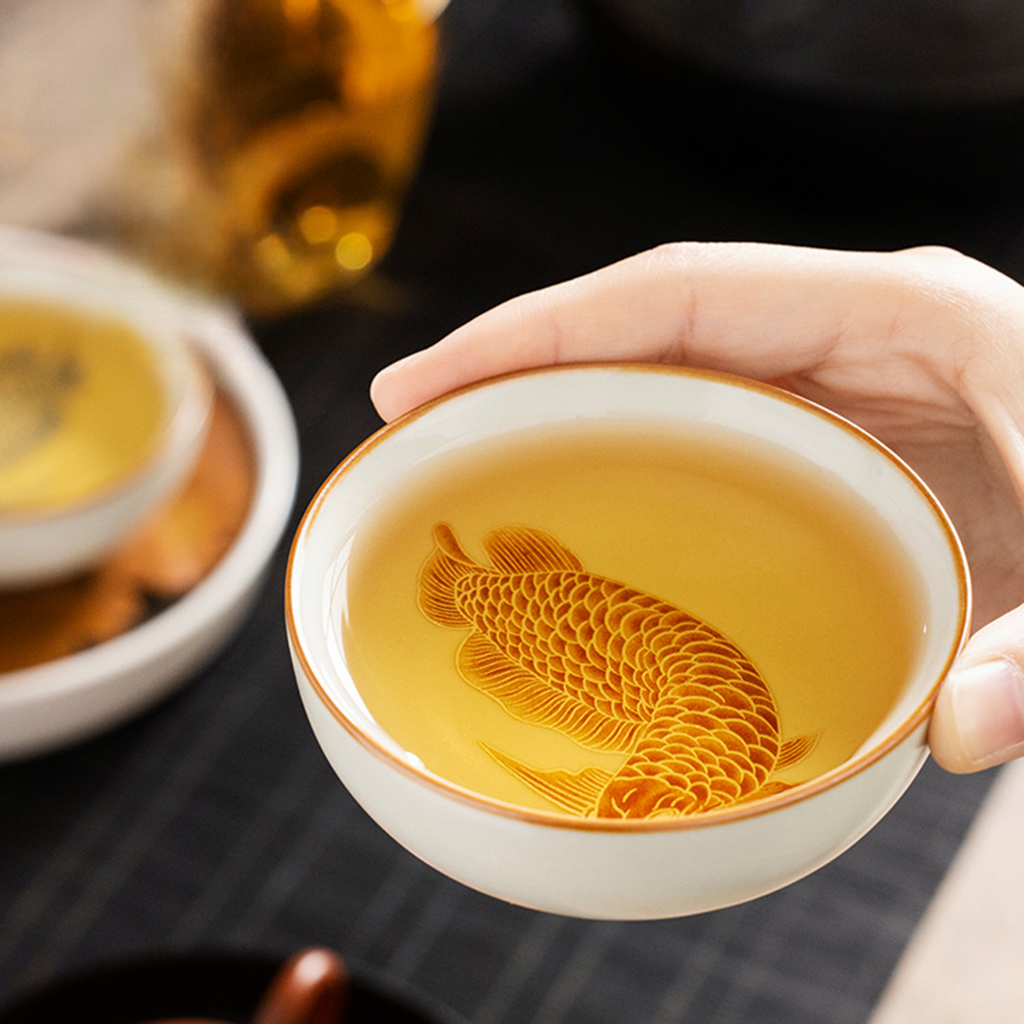 Oriental Ru Kiln Pu-er Cup – Handcrafted Porcelain with Silver Scale Glaze and Dragon Pattern | Zen Ara Grove