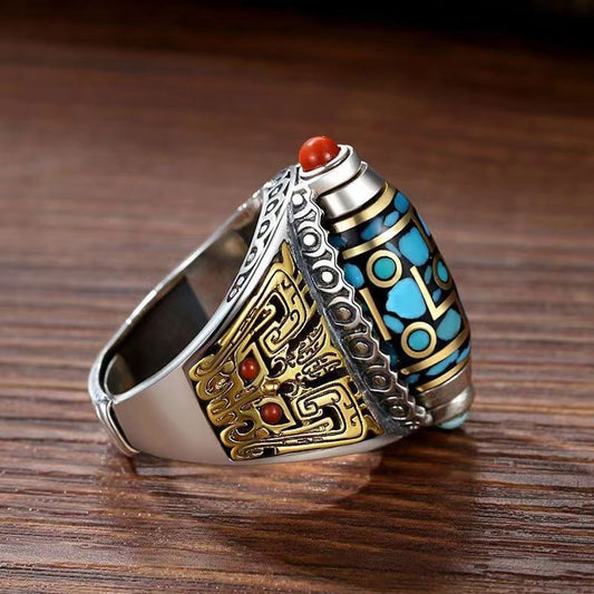 Spinning Mantra Ring - Rotating Prayer Bead with Turquoise & Guardian Beast