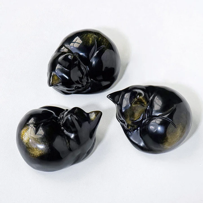 Natural Gold Sheen Obsidian Sleeping Cat Statue Home Decoration  | Zen Ara Grove