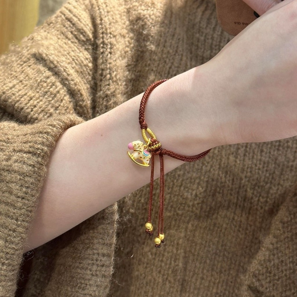 Adjustable Handmade Woven Bracelet with Drip-Glazed Sand Gold Horse Charm | Zen Ara Grove