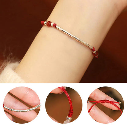 Adjustable S925 Sterling Silver Bamboo Bracelet with Agate