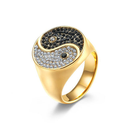 Yin-Yang Titanium Steel Ring – Black & White CZ, Symbol of Balance | Zen Ara Grove