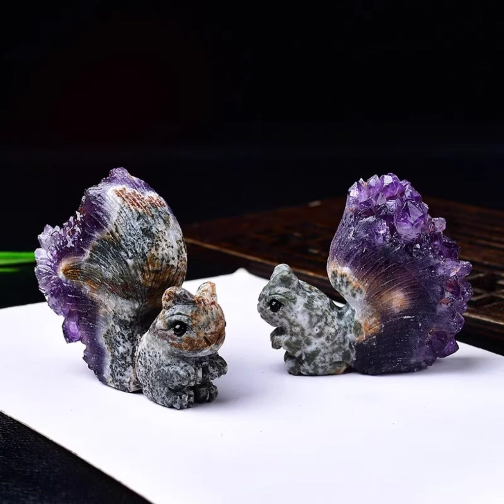 Hand-Carved Squirrel on Natural Amethyst Cluster – Symbol of Energy and Joy | Zen Ara Grove