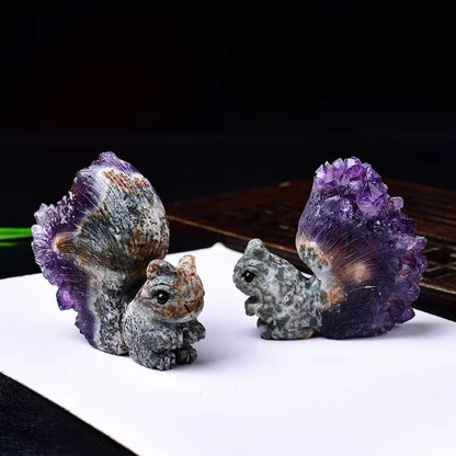 Hand-Carved Squirrel on Natural Amethyst Cluster – Symbol of Energy and Joy | Zen Ara Grove