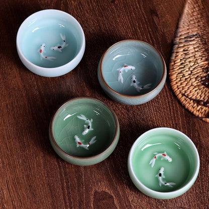 Twin Koi Celadon Crackle Teacup