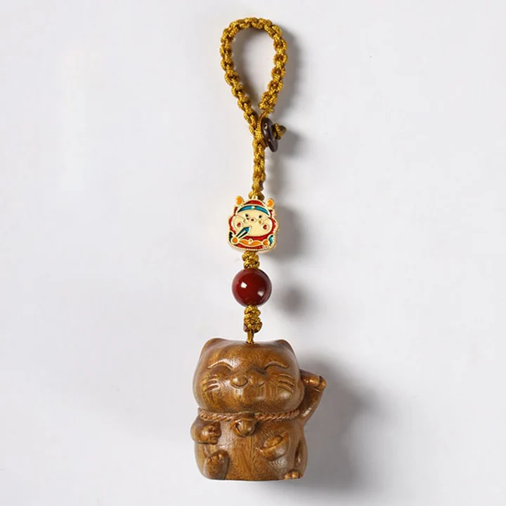 Small Leaf Red Sandalwood Green Sandalwood Sandalwood Lucky Cat Protection Key Chain Phone Hanging | Zen Ara Grove