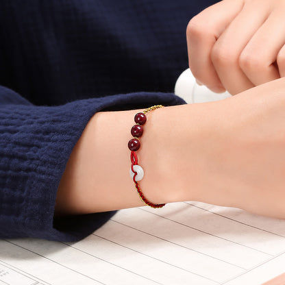 Adjustable White Jade Peace Buckle Bracelet with Cinnabar Beads — Peace & Protection