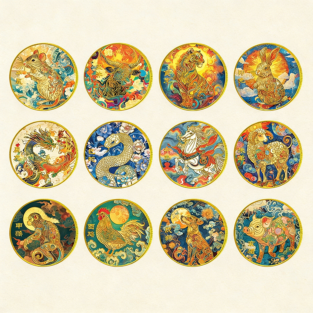 Colorful 12 Zodiac Challenge Coin Collection – Fortune & Harmony | Zen Ara Grove