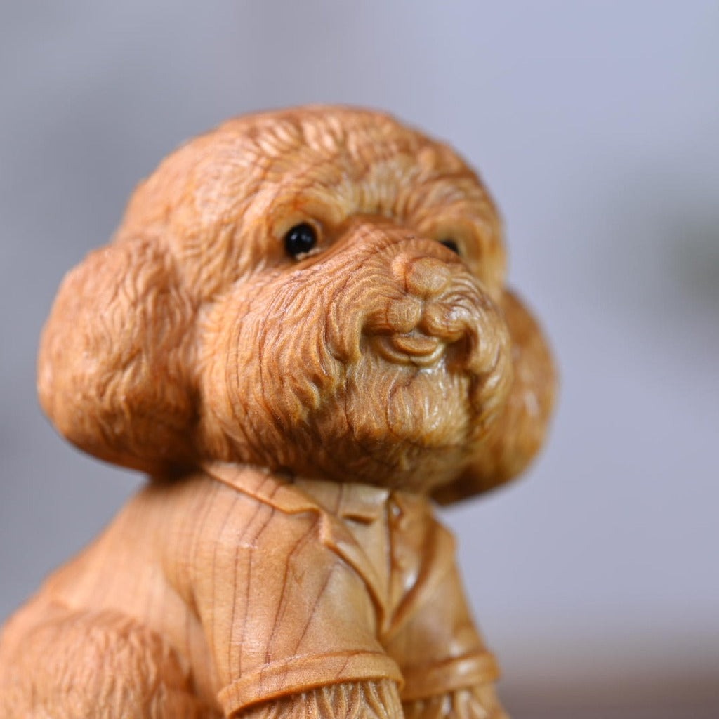 Hand-Carved Aromatic Cypress Teddy Dog Figurine – Artisan Wooden Desk Accent with Natural Scent | Zen Ara Grove